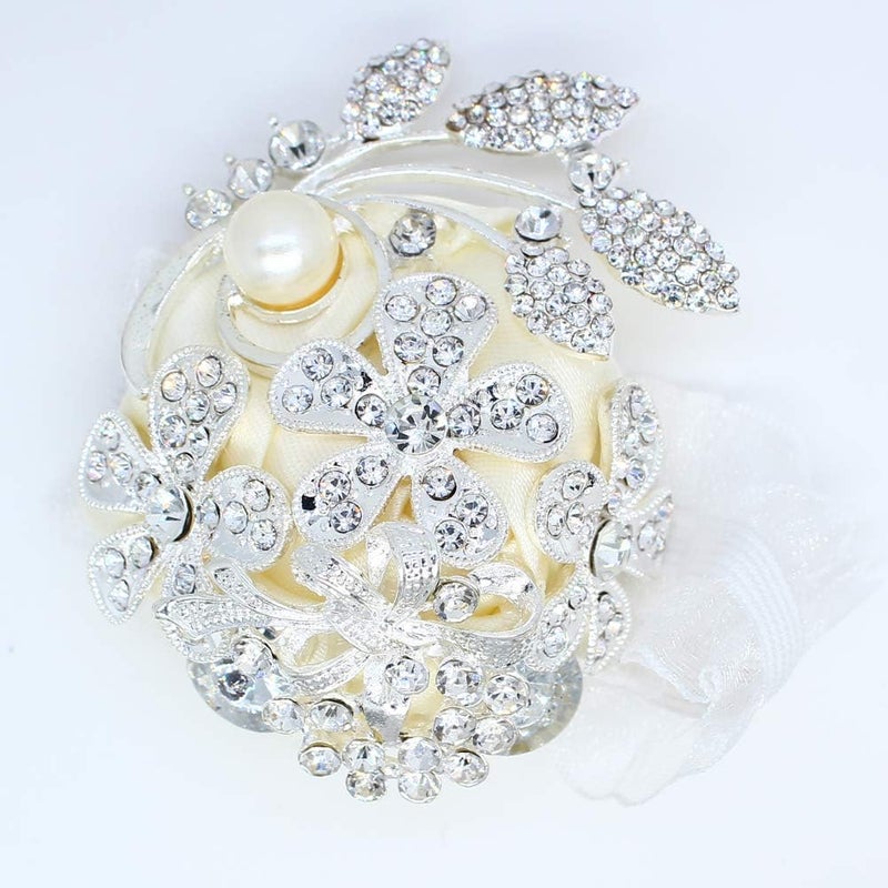 DOTKV Artificial Wrist Silk Flower Boutonniere Wrist Bouquet Corsage Flower with Peal and Diamond for Wedding Decor,Cocktail Party 1pcs (SilverIvory_Wrist) - Image 2